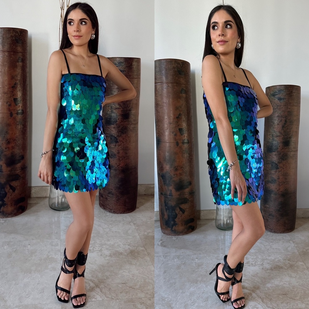 Dancing In The Dark Green Iridescent Chunky Sequin Mini Dress Sz S